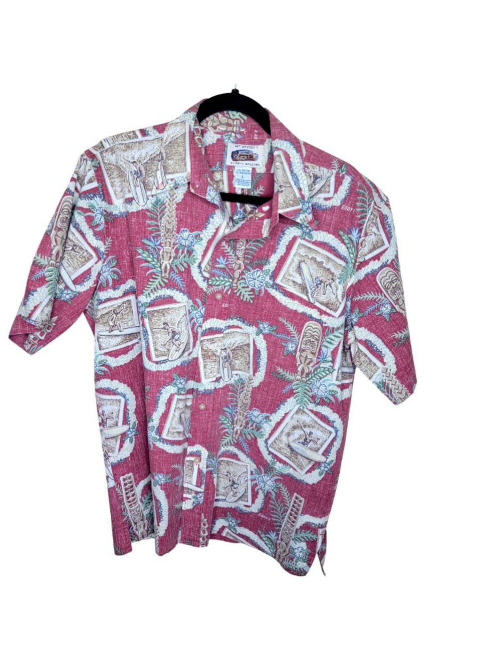 Reyn Spooner Art of Eddy Y Shirt Mens Large LG Surfer Tiki Tribal Reverse Print